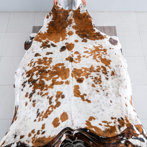 White Tricolor Cowhide Rug Size 7'6" L x 6'11" W 8193
