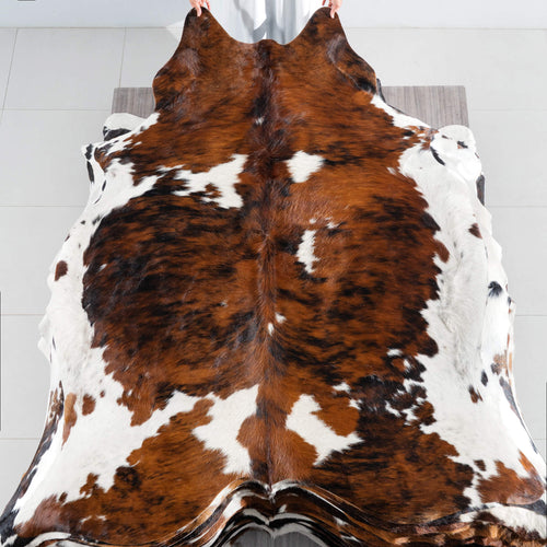 Tricolor Brindle Mix Cowhide Rug Size 7'6" L x 6'3" W 8202
