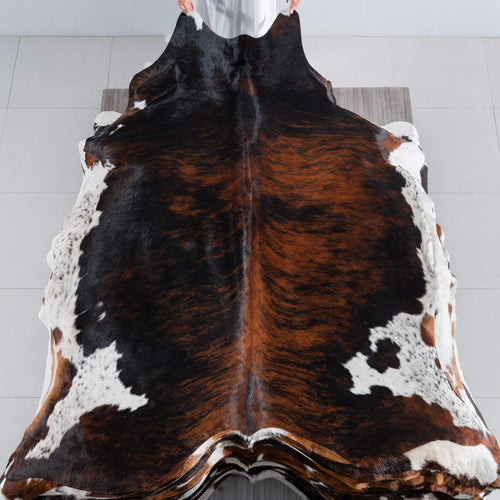 Tricolor Brindle Mix Cowhide Rug Size 7'10" L x 6'9" W 8206