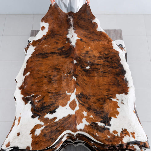 Tricolor Brindle Mix Cowhide Rug Size 8'2" L x 6'11" W 8218
