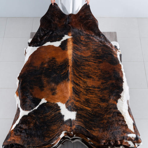 Tricolor Brindle Mix Cowhide Rug Size 8'7" L x 7'6" W 8222
