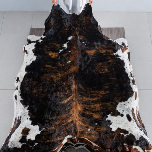 Tricolor Brindle Mix Cowhide Rug Size 8'0" L x 6'10" W 8224