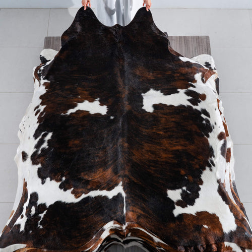 Tricolor Brindle Mix Cowhide Rug Size 7'3" L x 6'10" W 8225