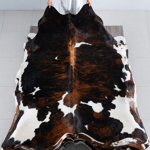 Tricolor Brindle Mix Cowhide Rug Size 7'8" L x 7'0" W 8232