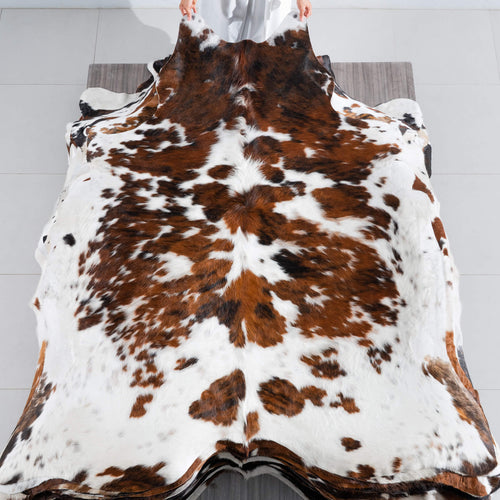 White Tricolor Cowhide Rug Size 7'3" L x 6'8" W 8234