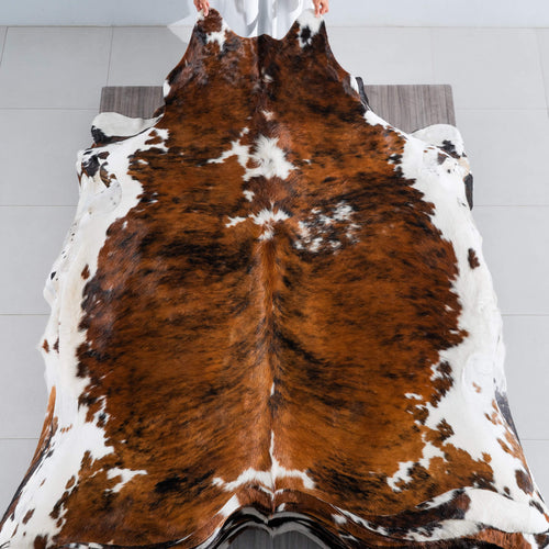 Tricolor Brindle Mix Cowhide Rug Size 7'7" L x 6'5" W 8239