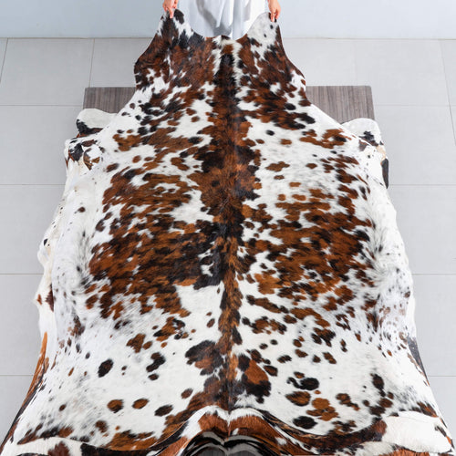 White Tricolor Cowhide Rug Size 7'8" L x 6'7" W 8240