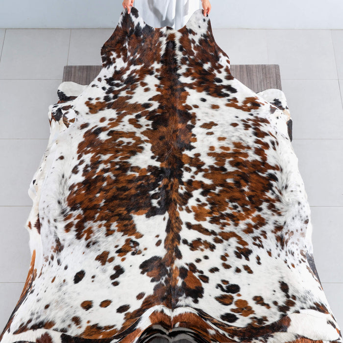 White Tricolor Cowhide Rug Size 7'8" L x 6'7" W 8240