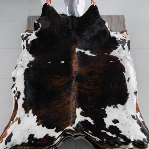 Tricolor Brindle Mix Cowhide Rug Size 7'1" L x 6'5" W 8259