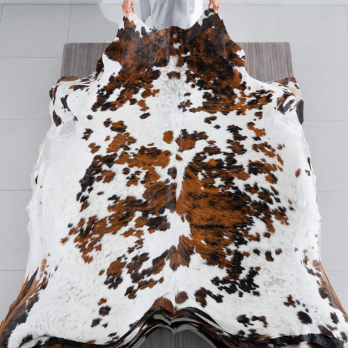 White Tricolor Cowhide Rug Size 7'4" L x 6'10" W 8262