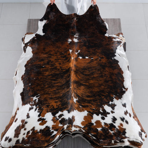Tricolor Brindle Mix Cowhide Rug Size 7'8" L x 6'10" W 8270