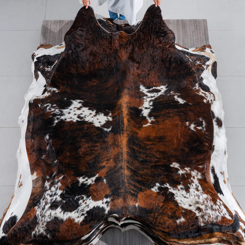 Tricolor Brindle Mix Cowhide Rug Size 7'0" L x 5'11" W 8284