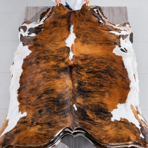 Tricolor Brindle Mix Cowhide Rug Size 7'1" L x 7'3" W 8290
