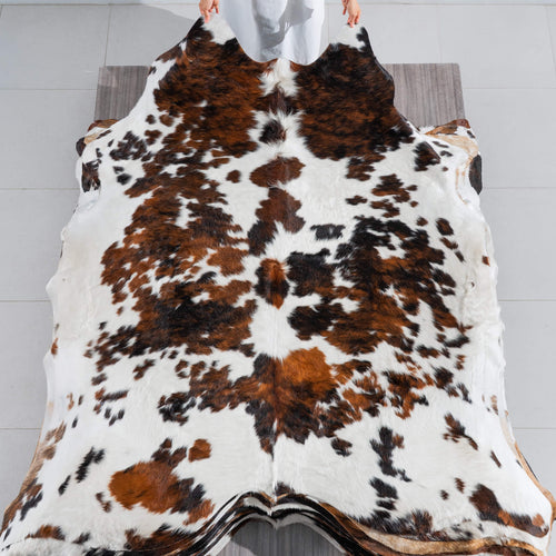 White Tricolor Cowhide Rug Size 7'6" L x 7'2" W 8294