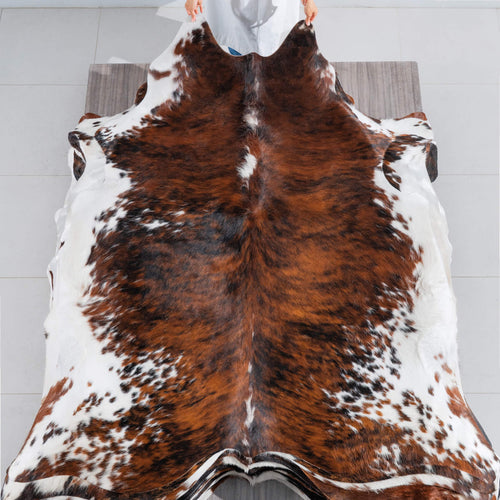 Tricolor Brindle Mix Cowhide Rug Size 7'5" L x 6'11" W 8299