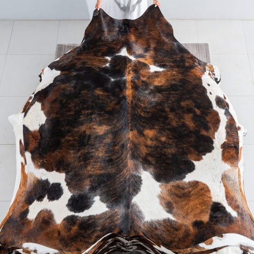 Tricolor Brindle Mix Cowhide Rug Size 7'5" L x 6'5" W 9501