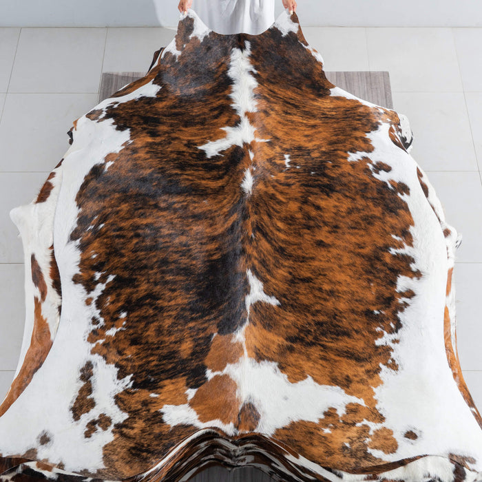 Tricolor Brindle Mix Cowhide Rug Size 7'3" L x 6'5" W 9502