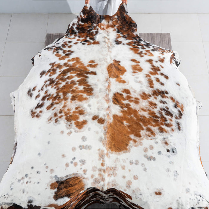 White Tricolor Cowhide Rug Size 7'4" L x 7'2" W 9506
