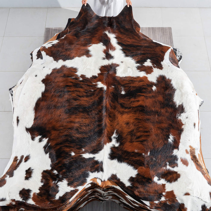 Tricolor Brindle Mix Cowhide Rug Size 7'4" L x 6'8" W 9514