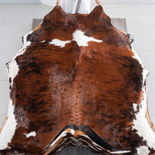 Tricolor Brindle Mix Cowhide Rug Size 7'1" L x 6'9" W 9516