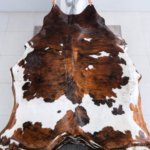 Tricolor Brindle Mix Cowhide Rug Size 7'9" L x 6'11" W 9528