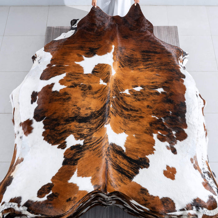 Tricolor Brindle Mix Cowhide Rug Size 7'4" L x 6'7" W 9532