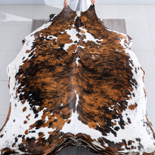 Tricolor Brindle Mix Cowhide Rug Size 7'4" L x 6'9" W 9533