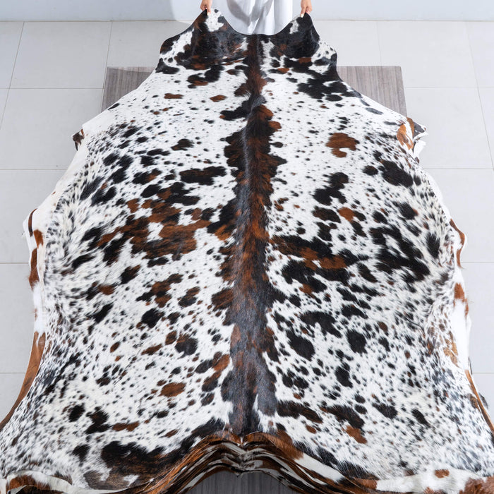 White Tricolor Cowhide Rug Size 7'8" L x 6'10" W 9534