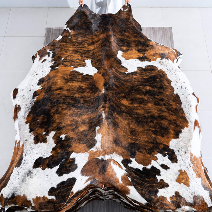 Tricolor Brindle Mix Cowhide Rug Size 7'7" L x 6'11" W 9536