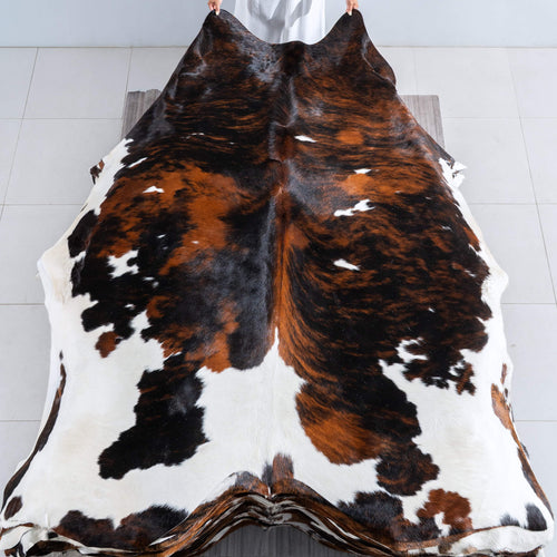 Tricolor Brindle Mix Cowhide Rug Size 8'3" L x 7'2" W 9538