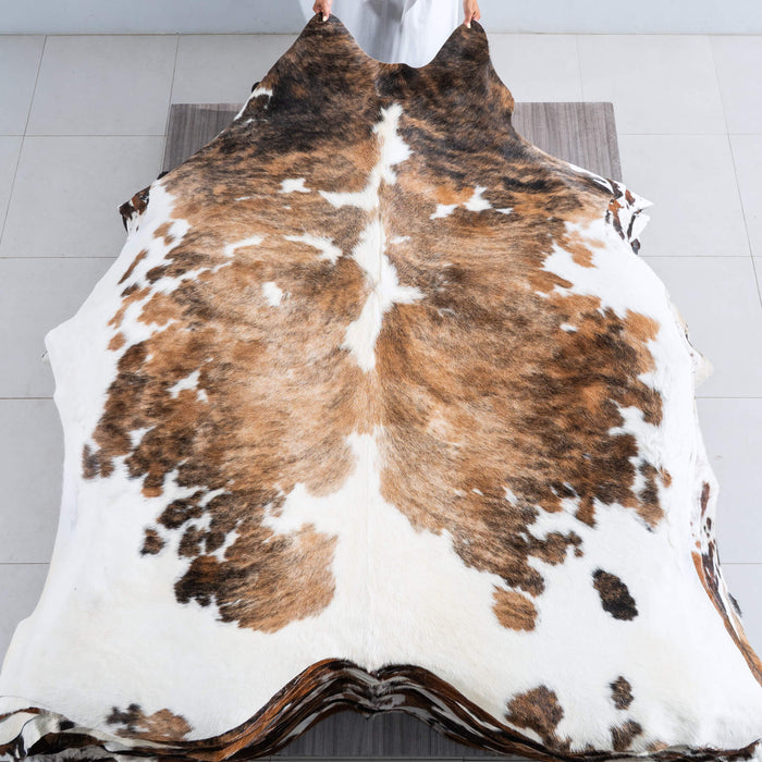 Tricolor Brindle Mix Cowhide Rug Size 7'8" L x 7'4" W 9540