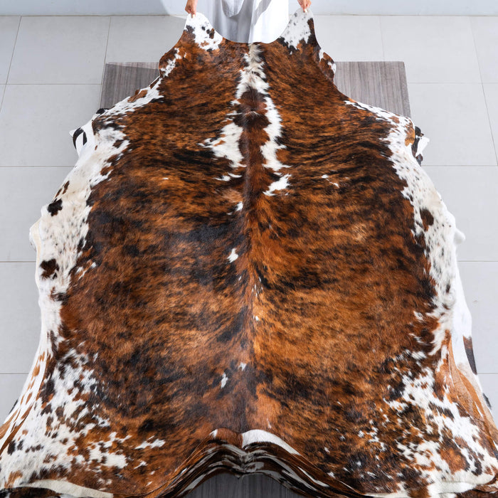 Tricolor Brindle Mix Cowhide Rug Size 7'6" L x 6'5" W 9548