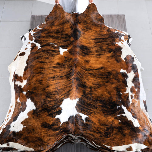 Tricolor Brindle Mix Cowhide Rug Size 6'11" L x 6'5" W 9550