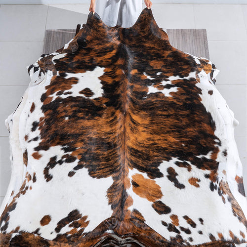 Tricolor Brindle Mix Cowhide Rug Size 6'8" L x 5'11" W 9555