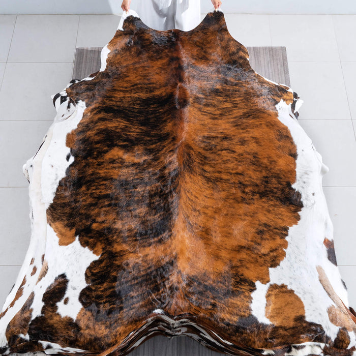 Tricolor Brindle Mix Cowhide Rug Size 7'8" L x 6'4" W 9556