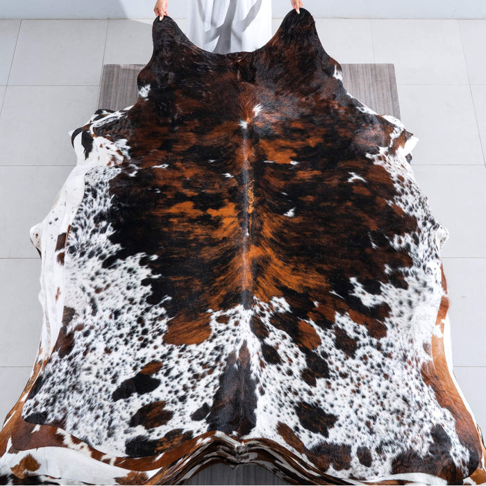 Tricolor Brindle Mix Cowhide Rug Size 7'5" L x 6'2" W 9567