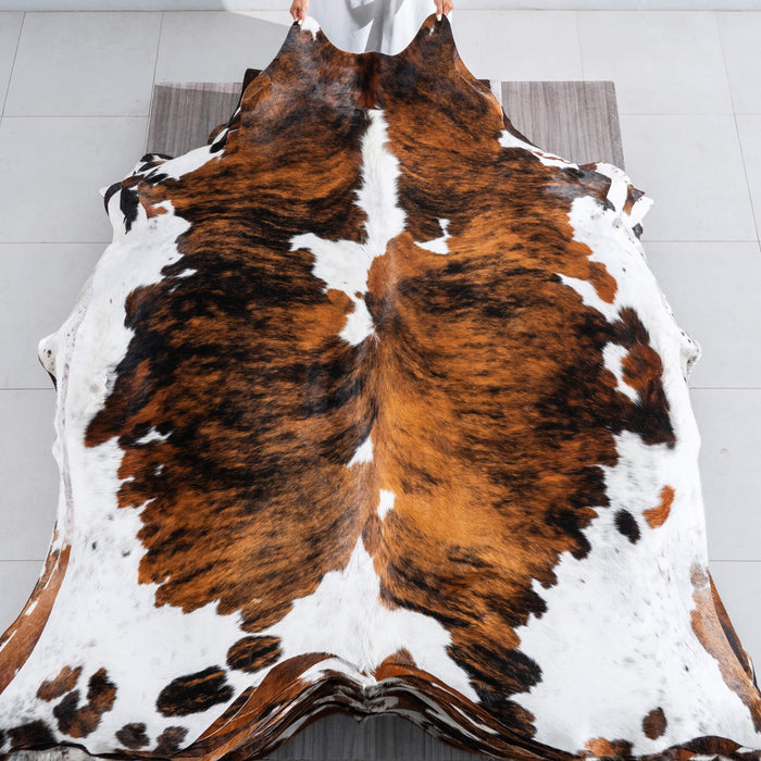 Tricolor Brindle Mix Cowhide Rug Size 7'7" L x 6'9" W 9573