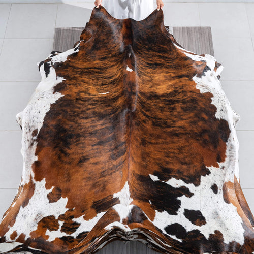 Tricolor Brindle Mix Cowhide Rug Size 7'3" L x 6'8" W 9574