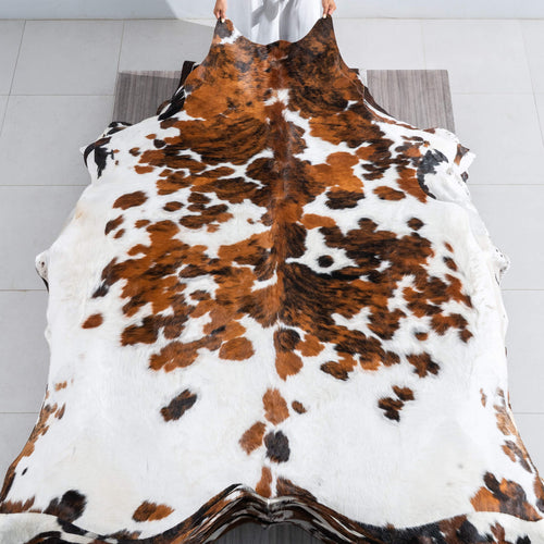 White Tricolor Cowhide Rug Size 7'4" L x 6'10" W 9577