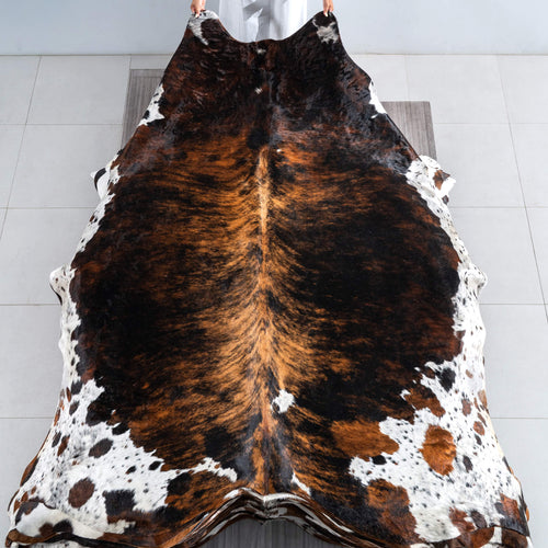 Tricolor Brindle Mix Cowhide Rug Size 8'4" L x 7'2" W 9581