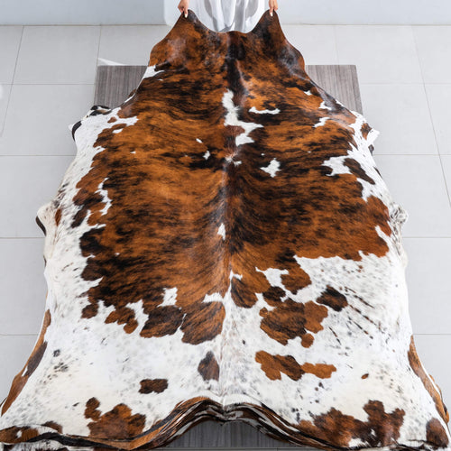 Tricolor Brindle Mix Cowhide Rug Size 8'5" L x 7'5" W 9585
