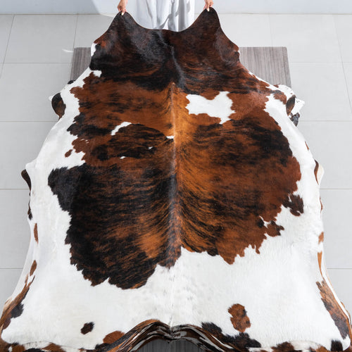 Tricolor Brindle Mix Cowhide Rug Size 7'9" L x 6'4" W 9586