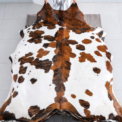 White Tricolor Cowhide Rug Size 7'7" L x 6'11" W 9588