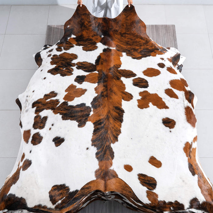 White Tricolor Cowhide Rug Size 7'7" L x 6'11" W 9588
