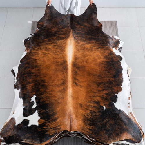 Tricolor Brindle Mix Cowhide Rug Size 7'9" L x 6'10" W 9589