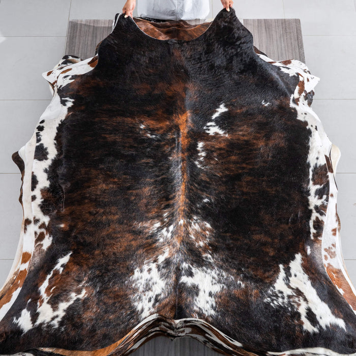 Tricolor Brindle Mix Cowhide Rug Size 6'9" L x 6'2" W 9590