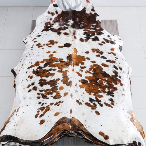 White Tricolor Cowhide Rug Size 7'11" L x 7'4" W 9595