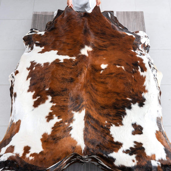 Tricolor Brindle Mix Cowhide Rug Size 6'9" L x 6'5" W 9597
