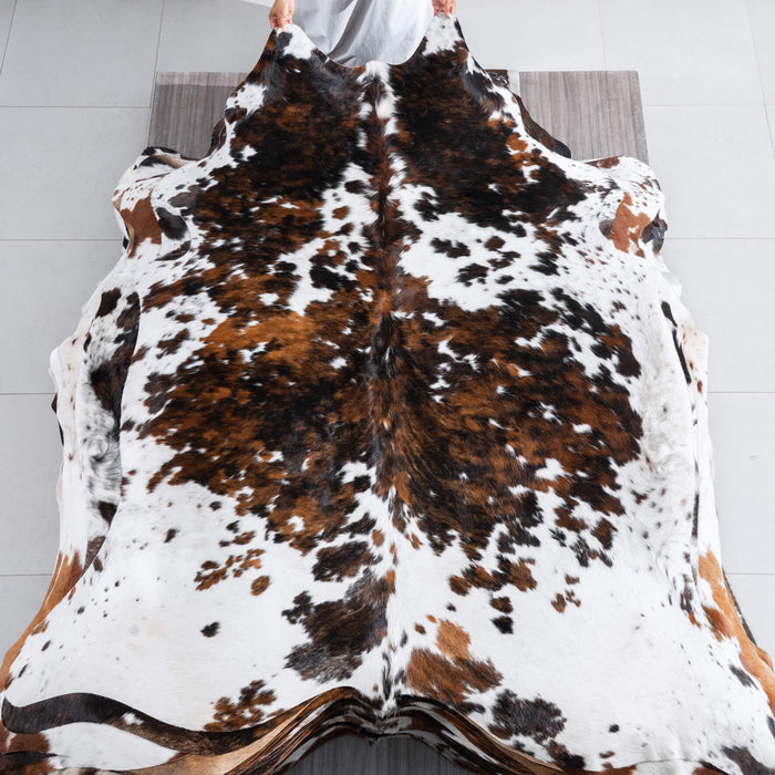 White Tricolor Cowhide Rug Size 7'3" L x 6'5" W 9611