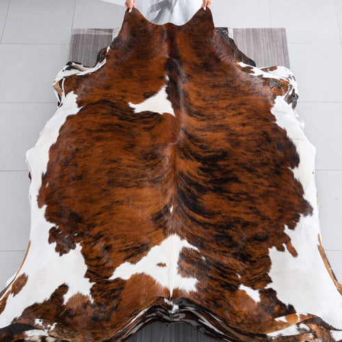 Tricolor Brindle Mix Cowhide Rug Size 7'1" L x 6'10" W 9615